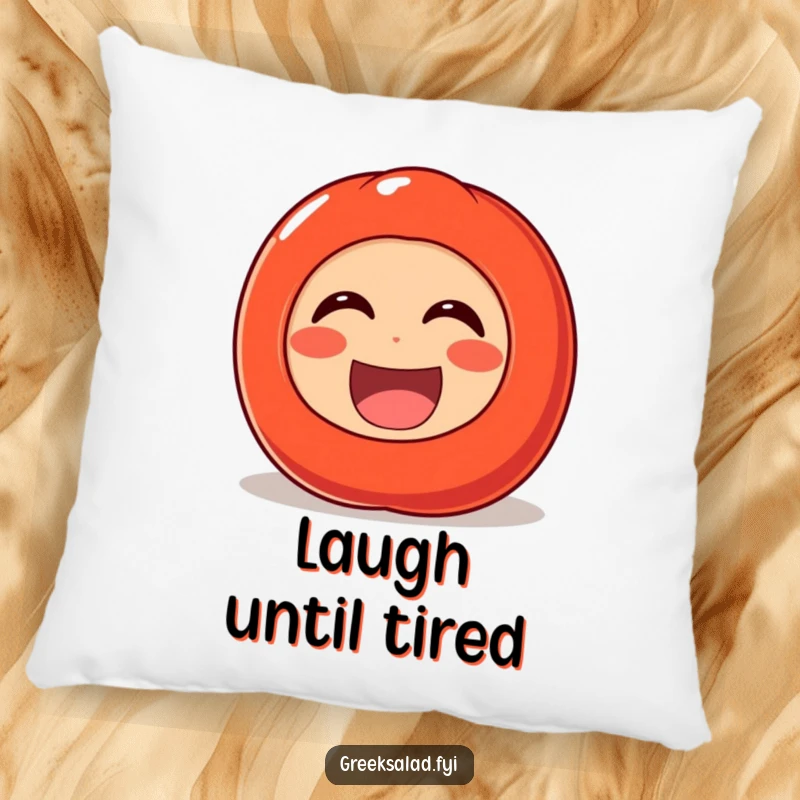 Funny pillow illustration of a cheerful tomato character rolling with laughter, offering cozy comfort and a delightful dose of vegetable humor.