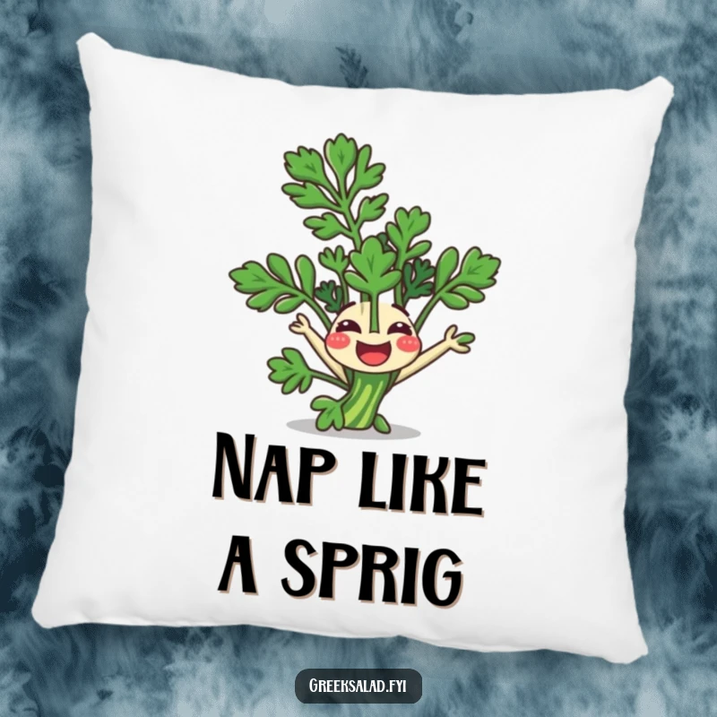 Funny Pillow: A happy parsley sprig performs a somersault, offering cozy comfort and humor.