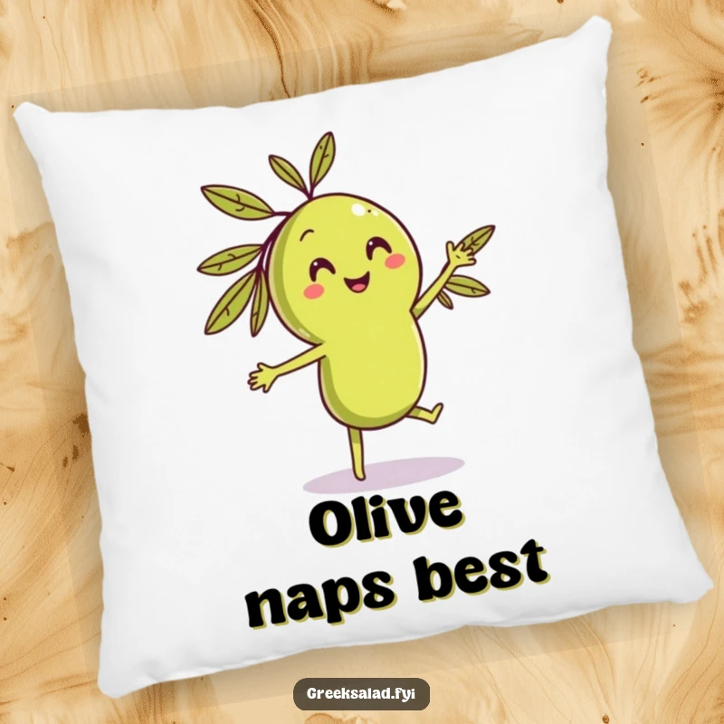 Funny dancing olive pillow with a smiling character grooving playfully, offering comfort and a humorous food-themed accent.