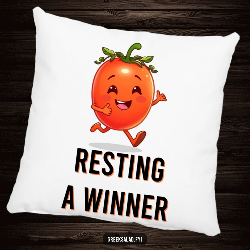 Funny pillow showing a cheerful tomato with a laurel wreath, jogging happily, perfect for active individuals.