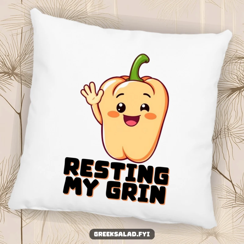 Funny pillow featuring a grinning bell pepper segment performing a cheerful wave, offering cozy comfort and friendly charm.