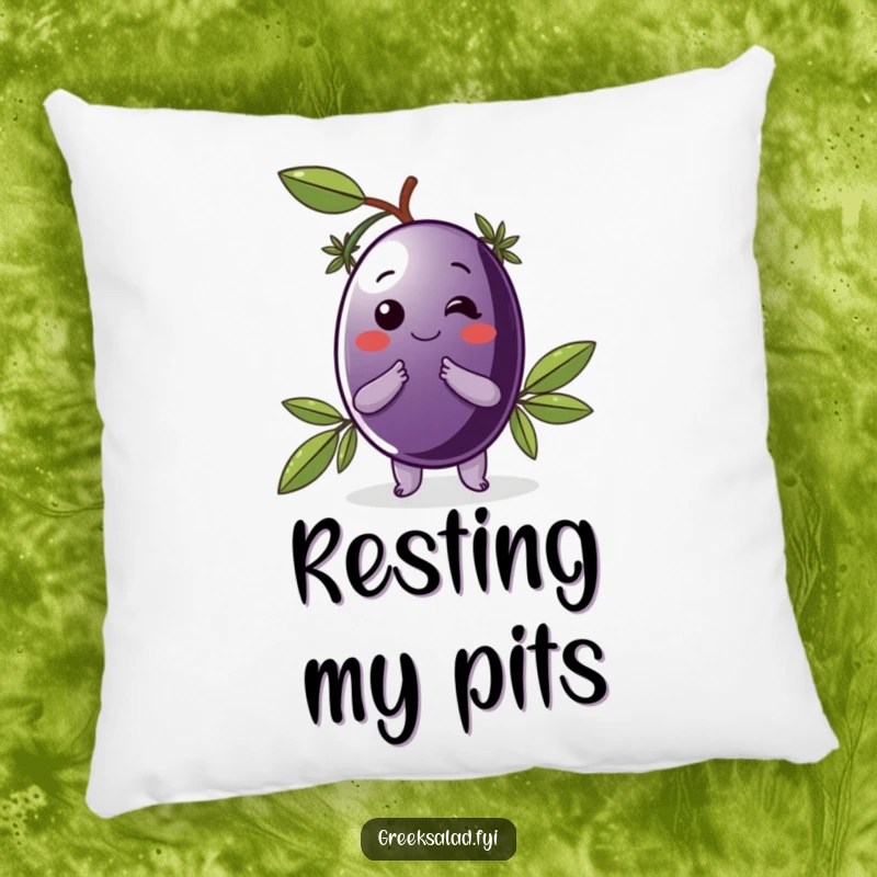 Funny pillow featuring a delighted Kalamata olive with a laurel wreath, offering sophisticated comfort and Mediterranean humor.