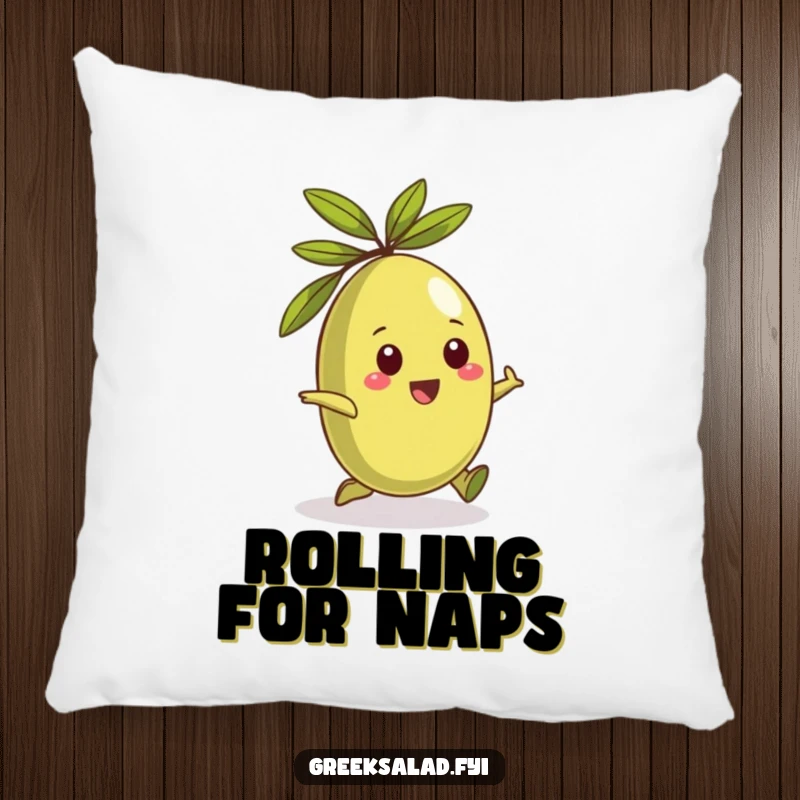 Funny pillow featuring a playful Greek olive character rolling happily, offering soft comfort and Mediterranean humor.