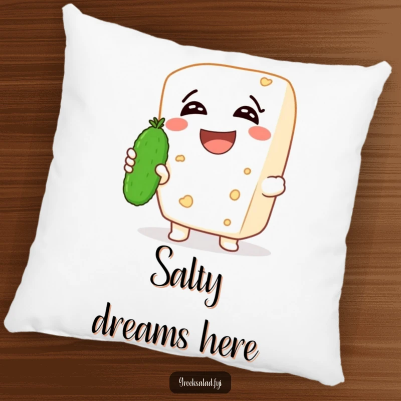 Funny pillow showcasing a laughing feta cheese character holding a tiny cucumber, offering comfort and a touch of soft, cheesy humor.