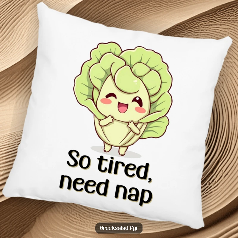 Funny pillow featuring a delighted lettuce leaf character comically fanning itself, adding a touch of cool humor to any room.