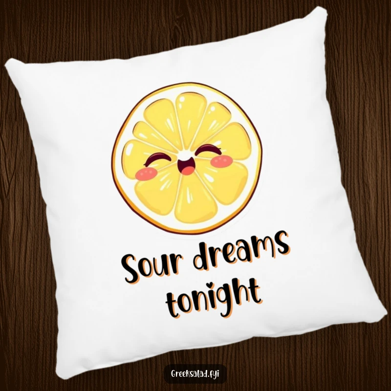 Funny pillow graphic of a giggling lemon slice giving a playful wink, ideal for adding a zesty and humorous touch to any seating area.