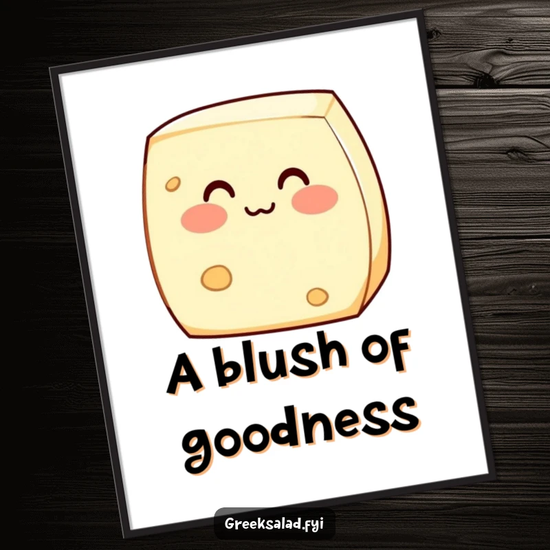 Funny digital artwork of a shy feta cheese block blushing adorably, perfect for adding a touch of sweet, bashful humor to any room.