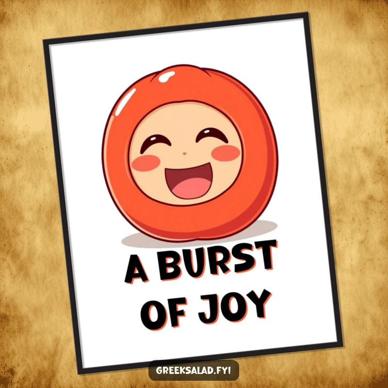 Funny digital artwork of a cheerful tomato character rolling with laughter, perfect for adding instant humor and vibrant energy to any room.