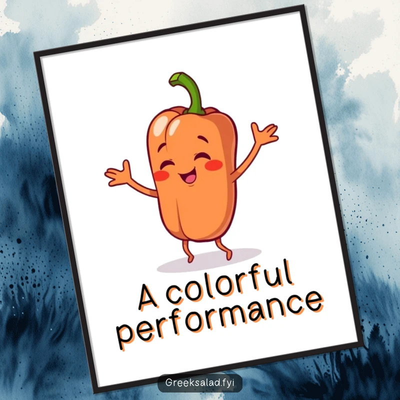 Funny digital art print of a bell pepper character doing a silly dance, offering instant downloadable cheer and vegetable-themed humor.