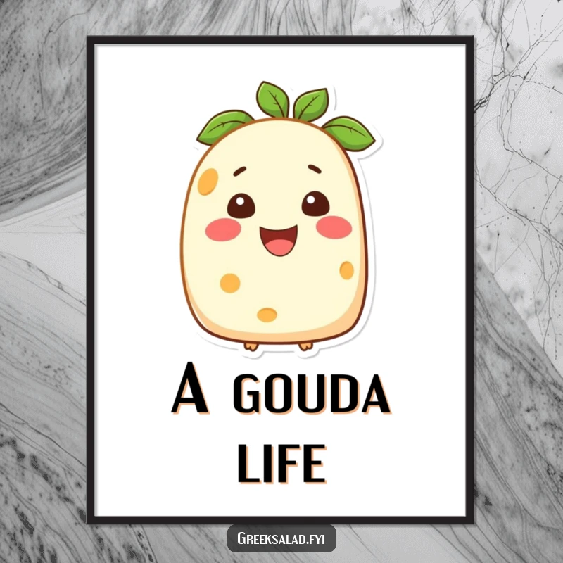 Funny digital art print of a feta cheese character with a broad smile, offering instant downloadable cheer and dairy-themed humor.