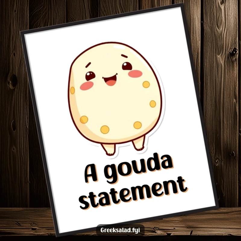 Funny digital art print of a proud feta cheese character beaming with delight, perfect for vibrant and humorous wall decor.