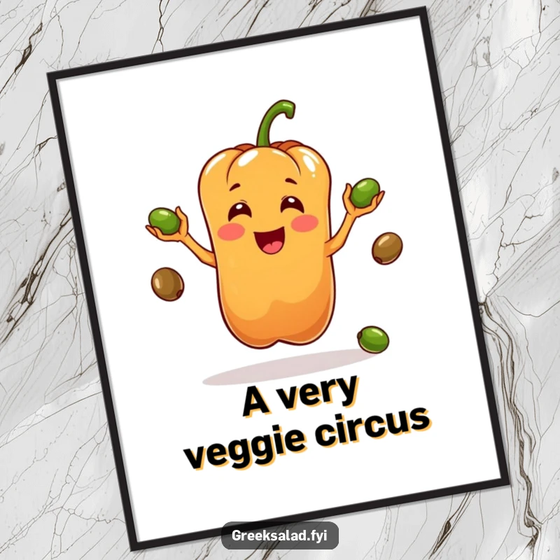 Funny digital art print of a bell pepper character juggling olives, perfect for adding whimsical and humorous decor to any space.
