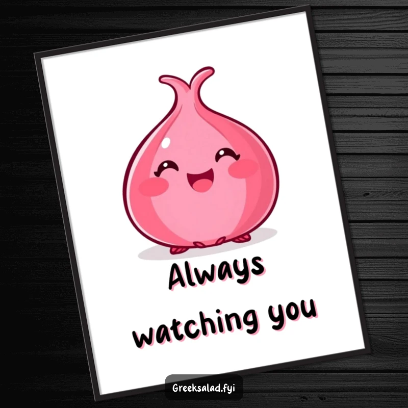 Funny digital art print of a happy red onion peeking out, wall decor that delivers instant veggie humor.