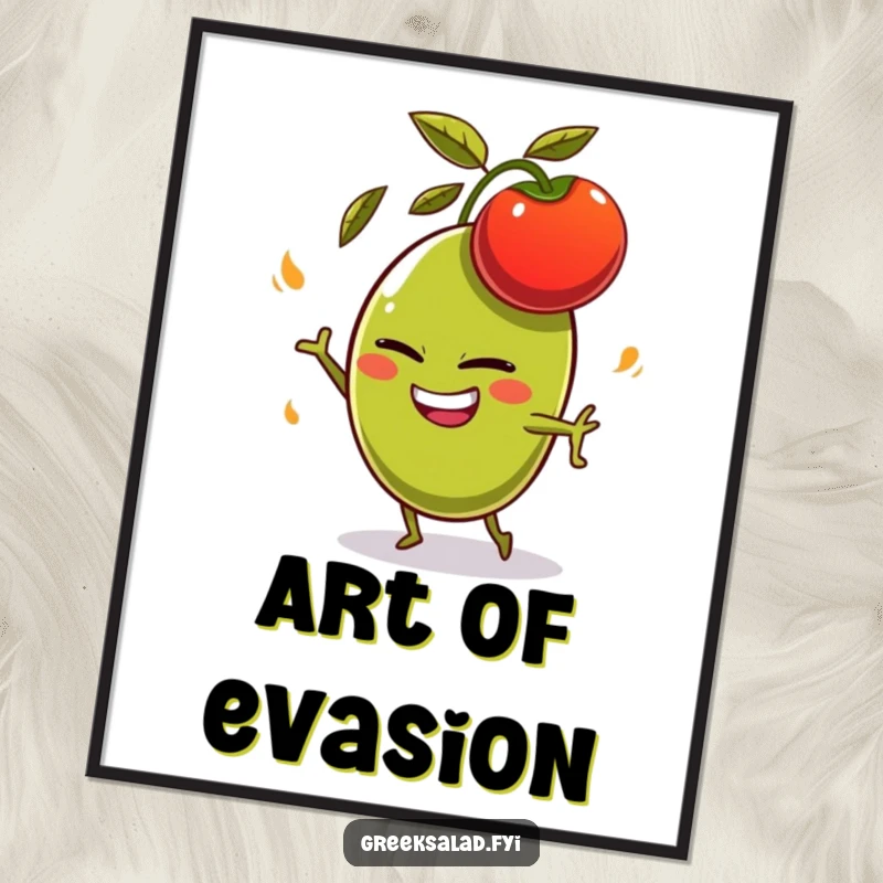 Funny olive character with a mischievous grin, comically dodging a flying tomato, available as a high-resolution digital art print.