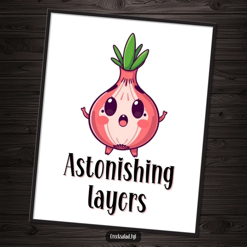 Funny digital art print of a surprised red onion character with expanding rings, conveying humorous shock and drama.