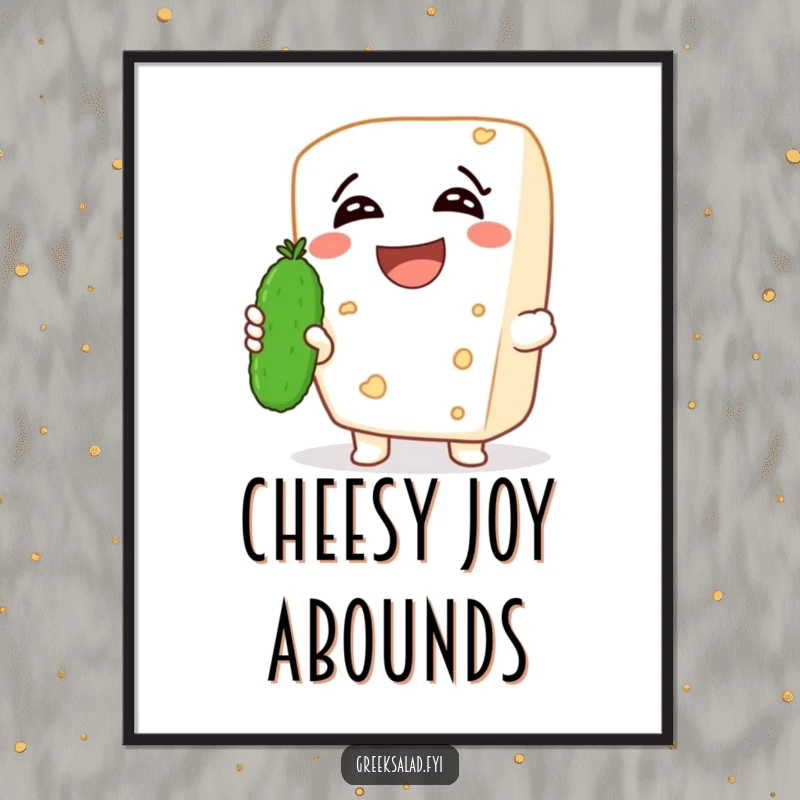 Funny digital art of a laughing feta cheese character holding a tiny cucumber, perfect for instant witty and humorous decoration.