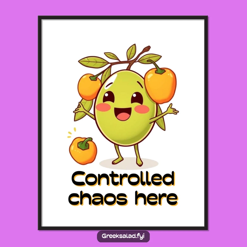 Funny Olive Juggling Peppers Digital Art Print: Hilarious Cartoon Decor for Instant Joy