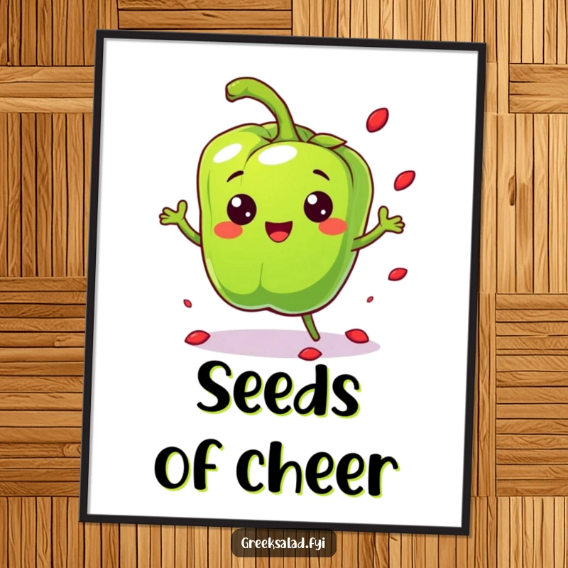 Funny cheerful bell pepper character bouncing playfully and scattering seeds, available as a high-resolution digital art print.