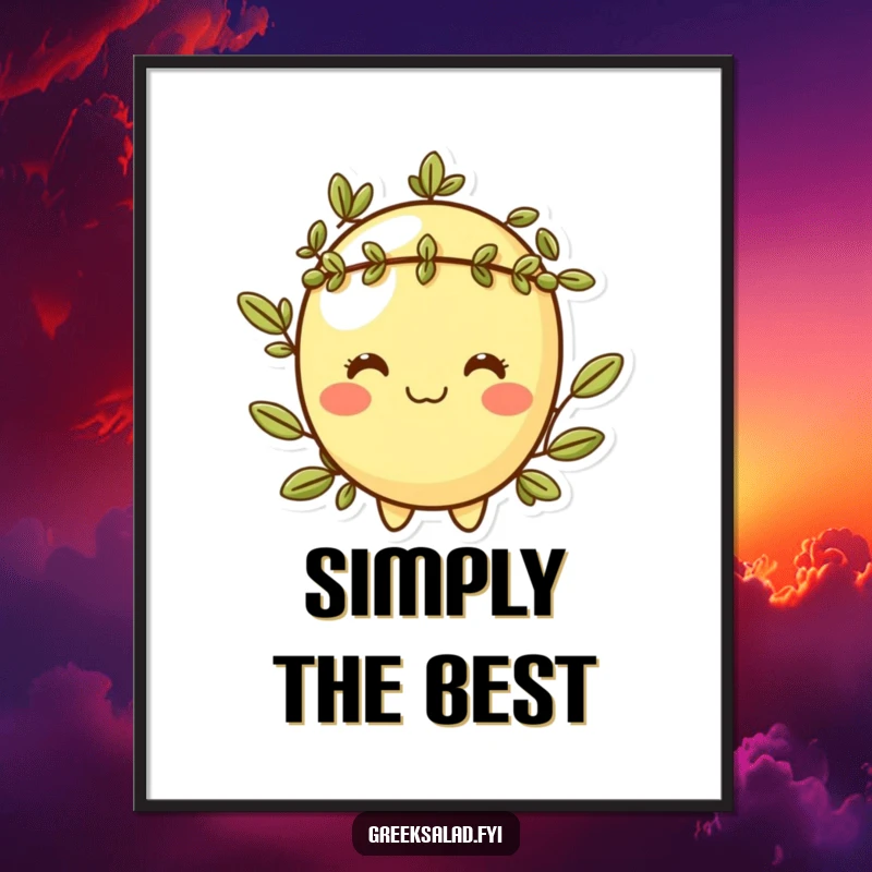 Funny digital art print of a cheeky olive character with a laurel wreath, exuding sophisticated humor and playful confidence.