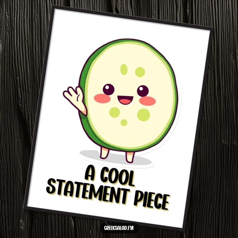 Funny digital art print of a happy cucumber slice character waving hello, perfect for vibrant and humorous wall decor.