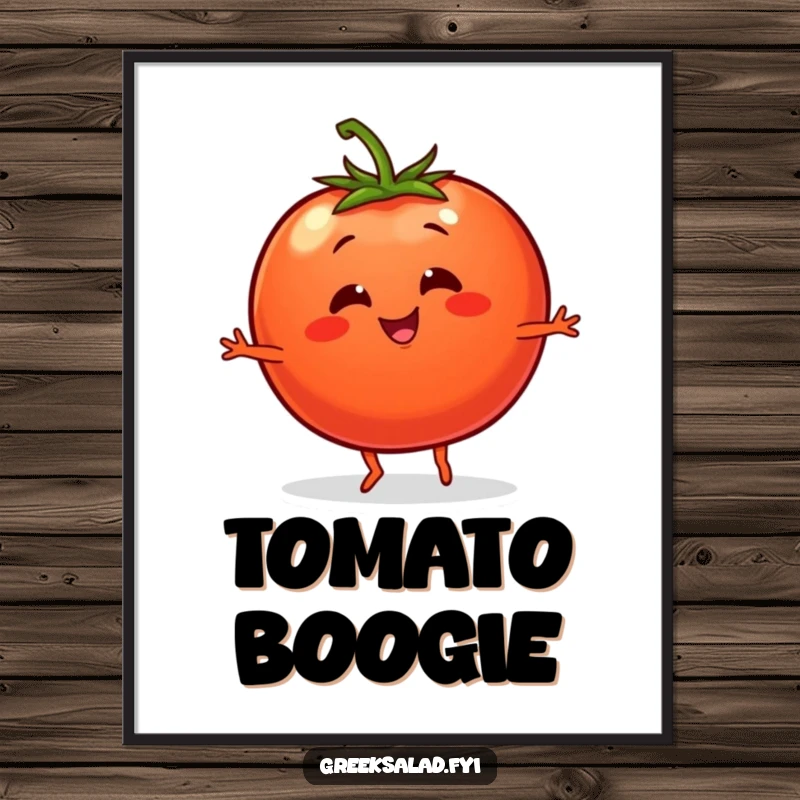 Funny digital art print of a smiling tomato with tiny legs performing an energetic and lively dance move.