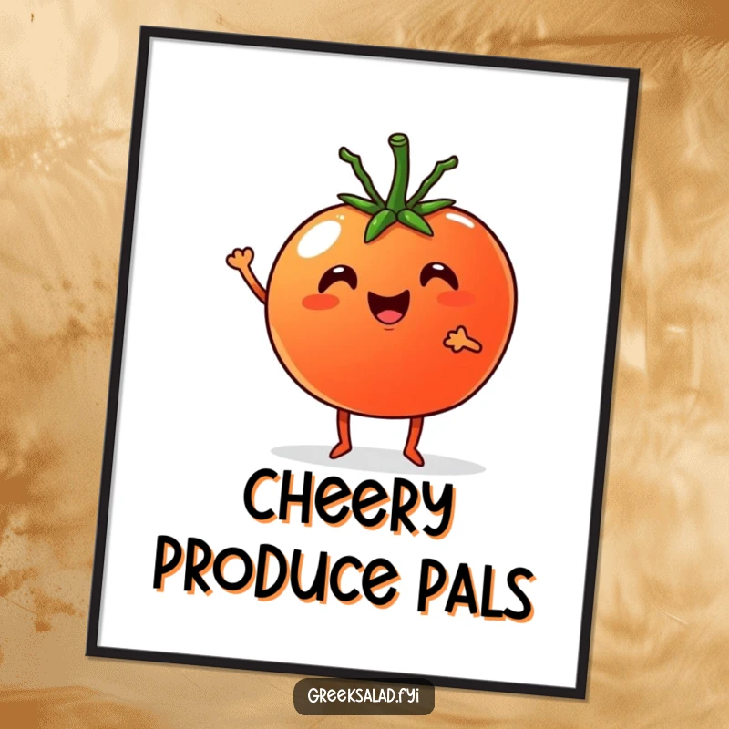 Funny Digital Art Print: Cheerful tomato with tiny legs cheering with a cucumber, celebrating healthy friendship.