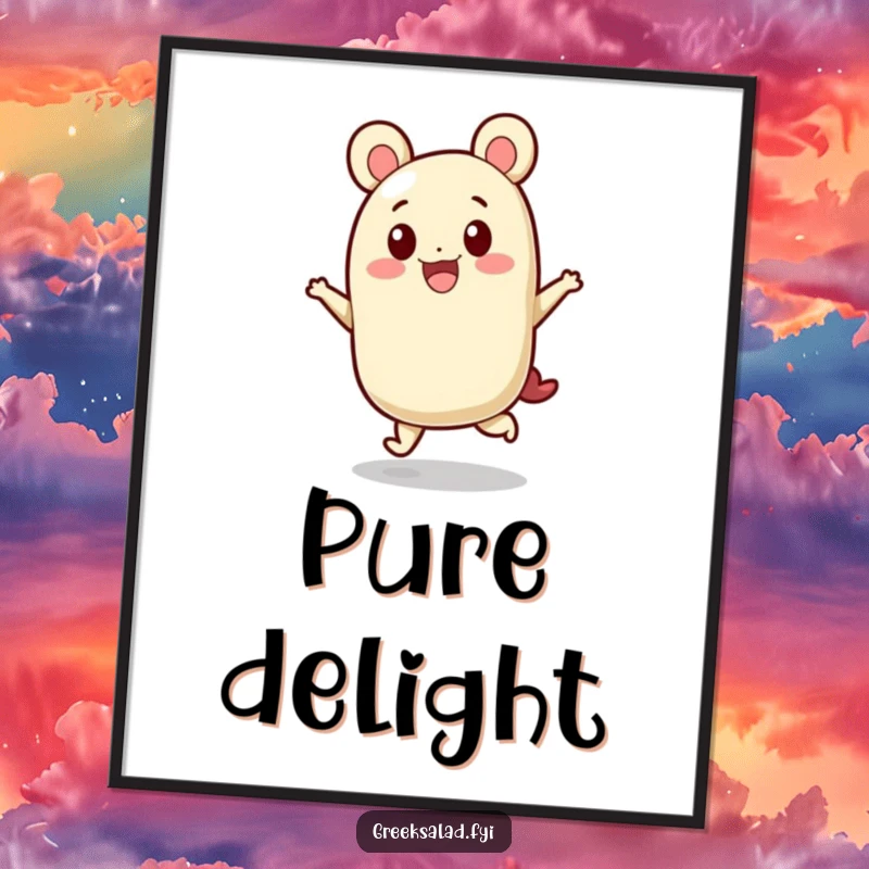 Funny digital art print of a feta cheese block character in a joyful hop, radiating pure, cheesy excitement.