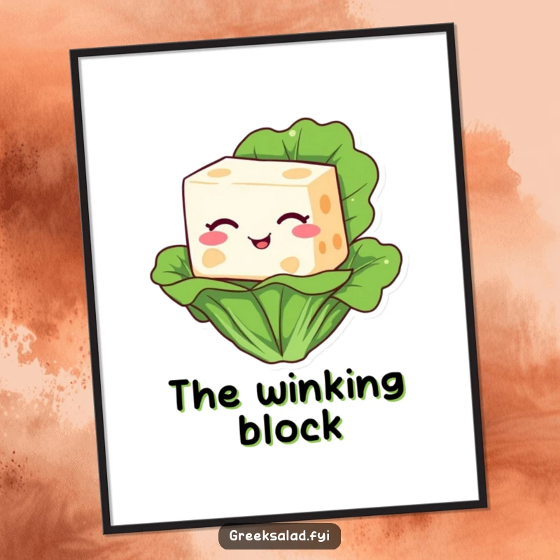 Funny digital art print of a winking feta cheese block character resting on a lettuce leaf, offering cheesy humor.