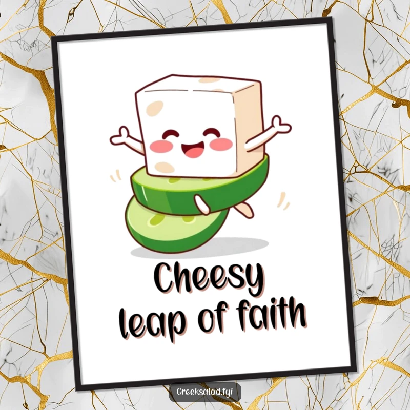 Funny digital art print of a smiling feta cheese block character playfully leaping from a cucumber slice, perfect for decor.