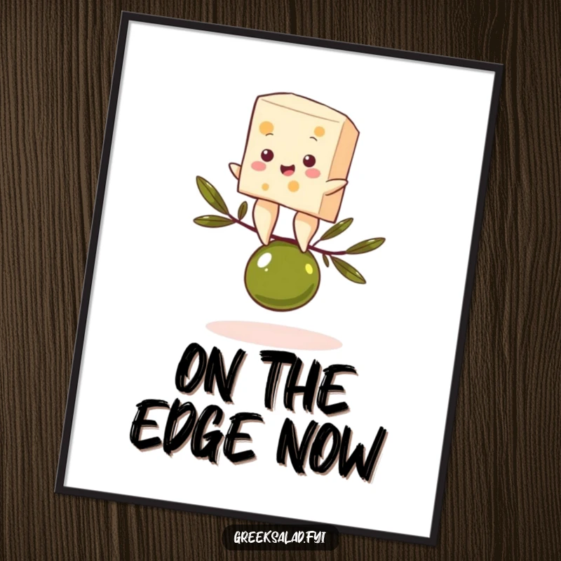 Funny digital art print of a feta cheese character comically balancing on an olive, bringing gourmet humor and artistic flair.