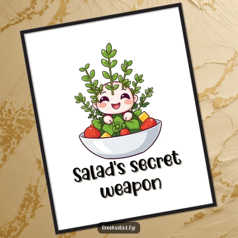 Funny digital art print of a happy oregano sprig winking from a salad, bringing instant culinary humor.