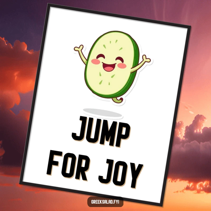 Funny digital art print of a beaming cucumber slice performing an energetic happy jump, perfect for vibrant, humorous digital displays.
