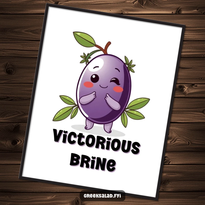 Funny digital art print of a delighted Kalamata olive in a laurel wreath, bowing elegantly, offering Mediterranean humor.