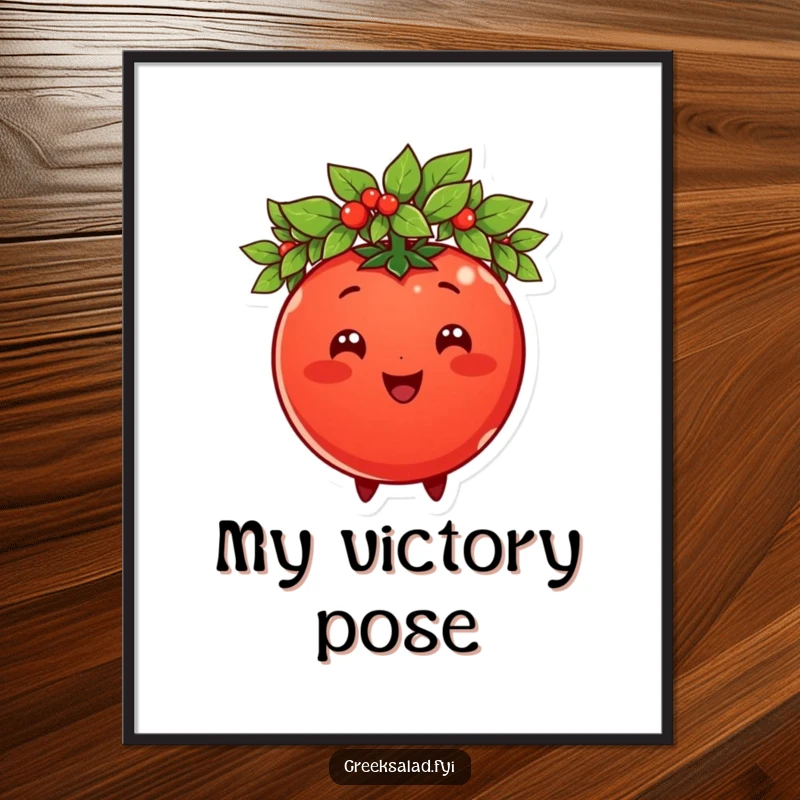 Funny tomato character crowned with a laurel wreath, presented as a digital art print, adding regal humor to home decor.