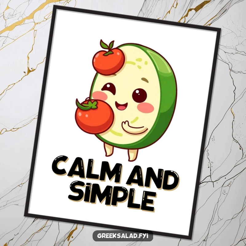 Funny digital art print of a shy cucumber slice character with a sweet smile, holding a cherry tomato, perfect for digital display.