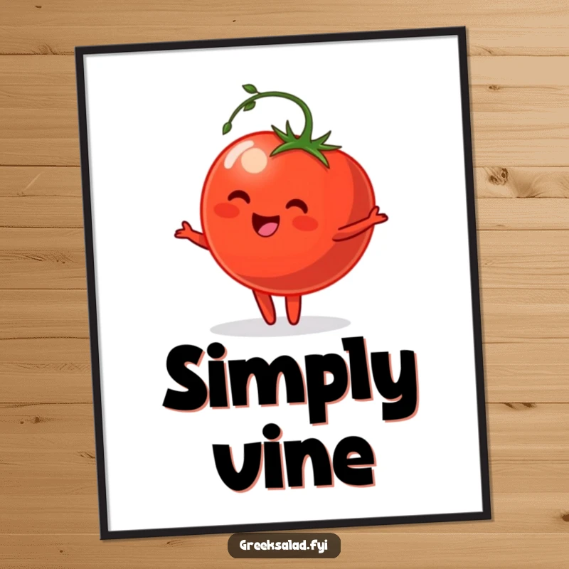 Funny Digital Art Print of a happy tomato with a stem elegantly pirouetting, embodying garden charm and artistic expression.