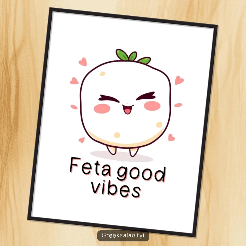 Funny winking feta cheese digital art print of a jolly character winking mischievously, offering a humorous and charming decorative piece.