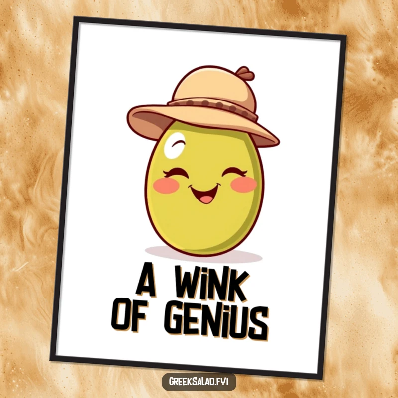 Funny digital art print of a smiling olive character wearing a jaunty hat and giving a playful wink, perfect for witty displays.