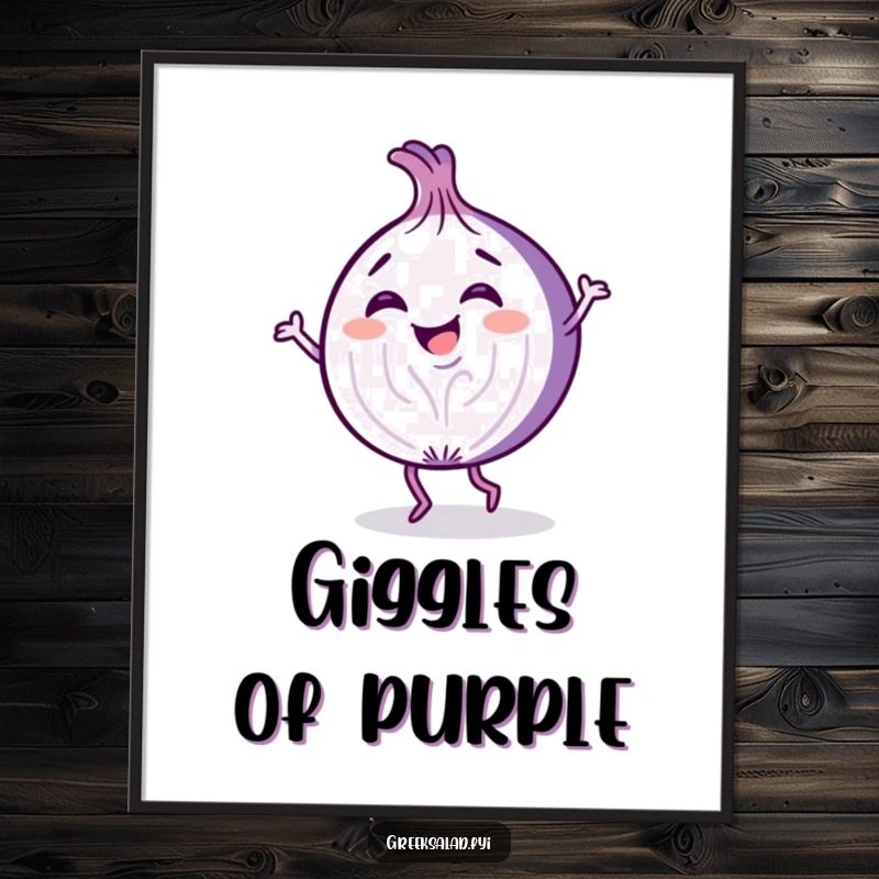 Funny digital art print of a giggling purple onion slice cartoon character in a lively dance pose, perfect for vibrant decor.