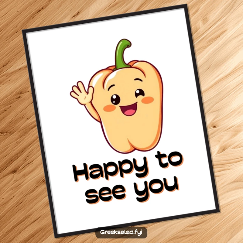 Funny digital art print of a grinning bell pepper segment performing a cheerful wave, bringing welcoming vibes.