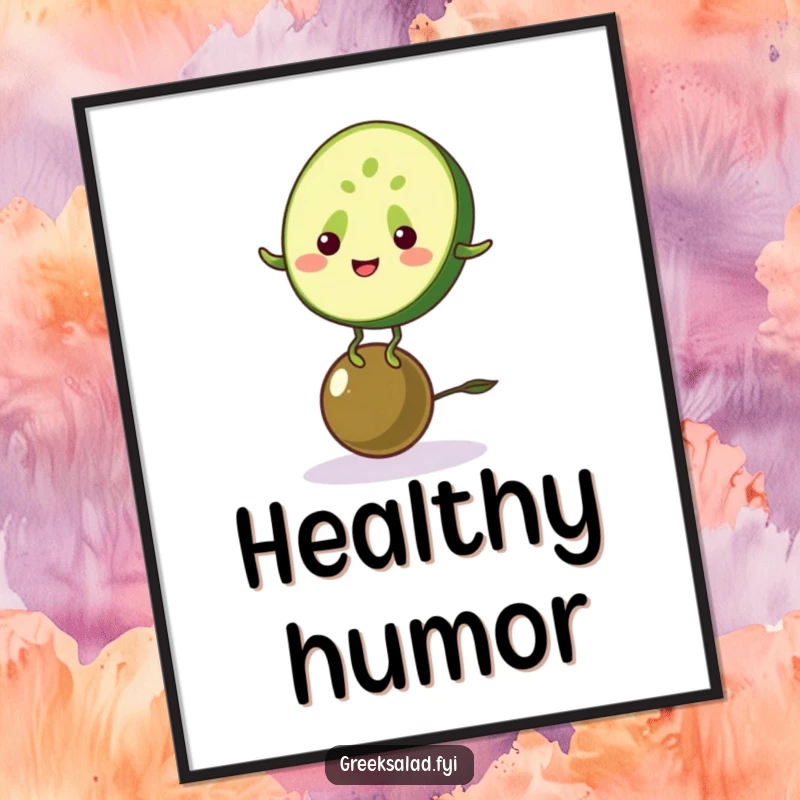 Funny digital art print of a cucumber balancing on an olive, offering instant healthy humor and wall decor.