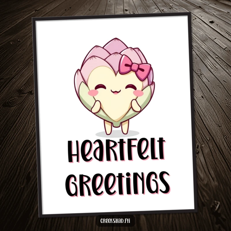 Funny delighted artichoke heart character in a delightful bow, high-resolution digital art print.