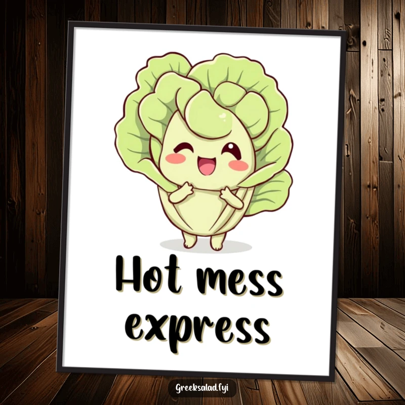 Funny digital art print of a happy lettuce leaf character fanning itself, radiating cool humor and joy for immediate enjoyment.