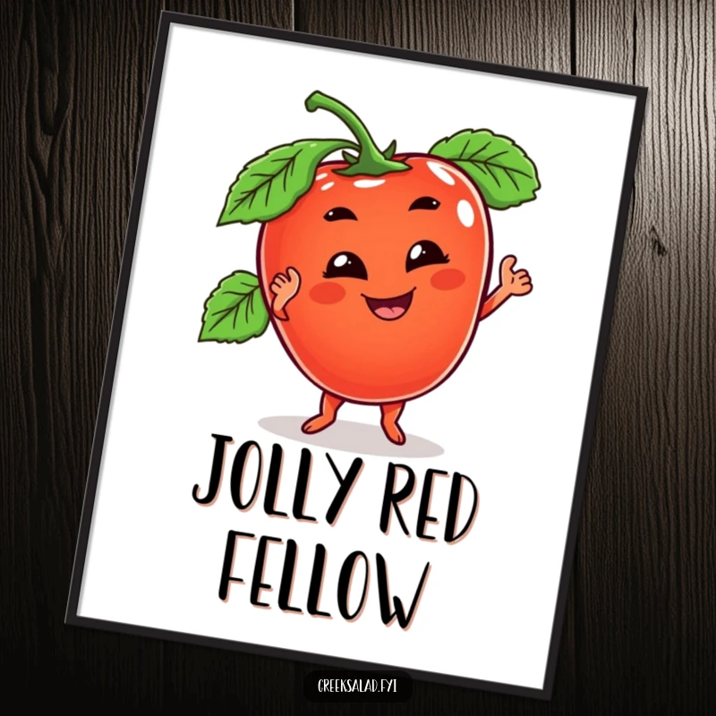 Funny digital art print of a tomato character with a goofy grin, doing a wobbly dance, bringing energetic humor to any space.