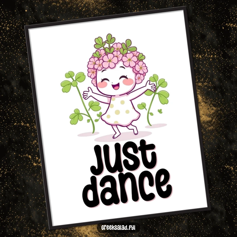 Funny digital art print of a smiling oregano sprig dancing joyfully, offering immediate, vibrant, and herb-themed humor.