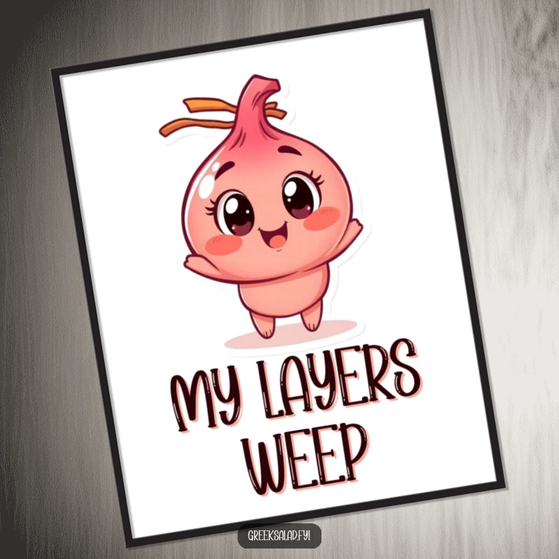 Funny red onion digital art print of a character spinning happily, offering a vibrant and humorous decorative piece.