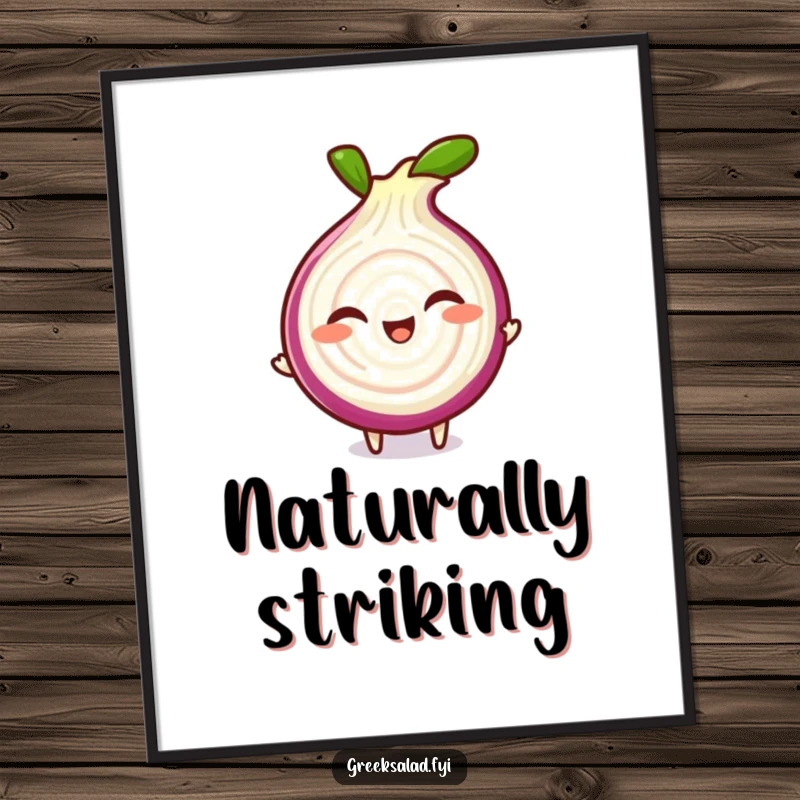 Funny digital art print of a giggling red onion slice character doing a playful spin, perfect for vibrant wall decor.