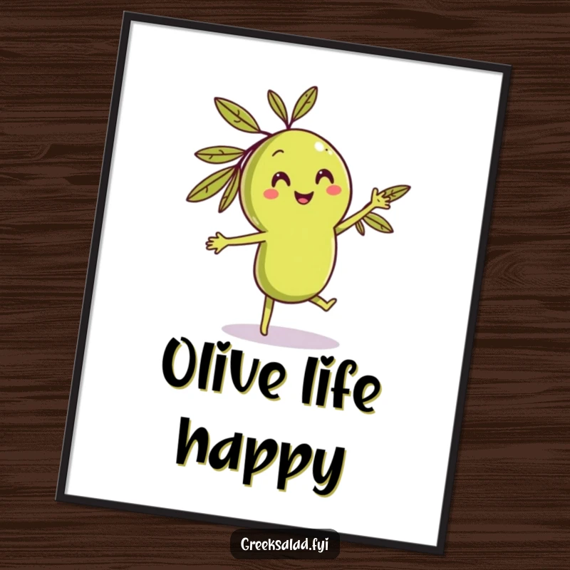 Funny dancing olive digital art print of a smiling character grooving, offering a vibrant and humorous decorative piece.