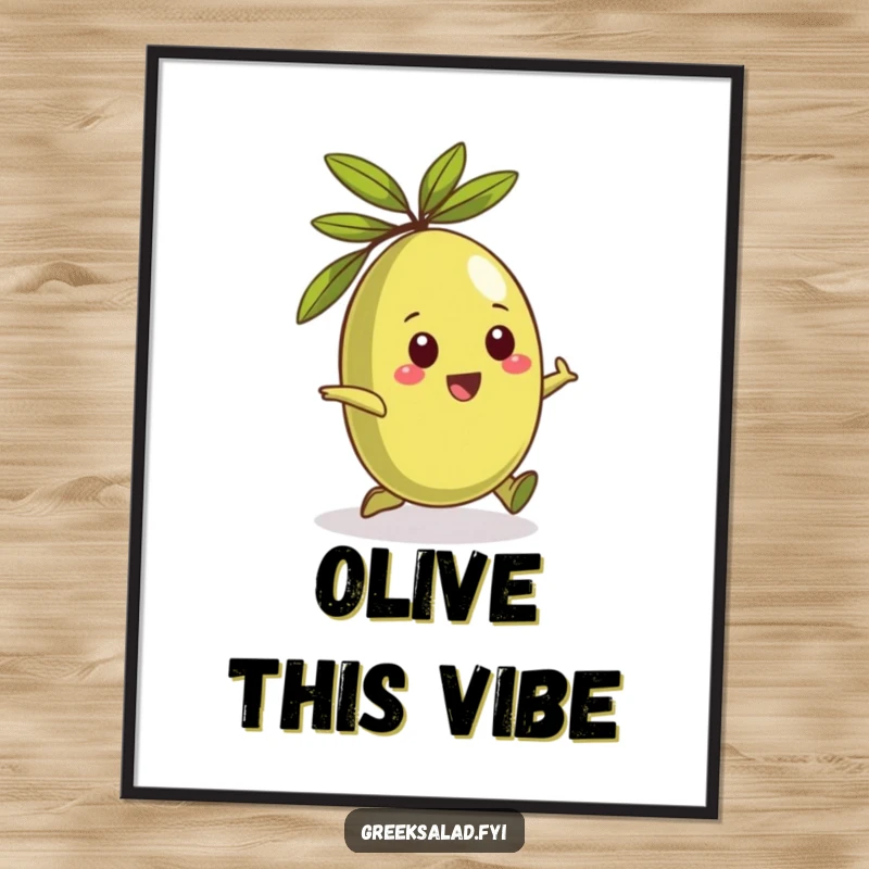Funny digital art print of a playful Greek olive character rolling happily, bringing instant Mediterranean humor.