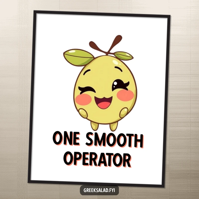 Funny digital art print of a smiling olive character with its pit, winking playfully, ready to add humor to any room.